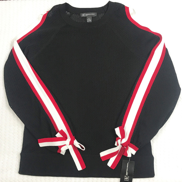 INC Striped Sleeve Cold Shoulder Top - Picture 1 of 8